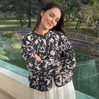Handgefertigte Baumwoll-Patchwork-Steppjacke – Schwarz-weißer Marmorprint