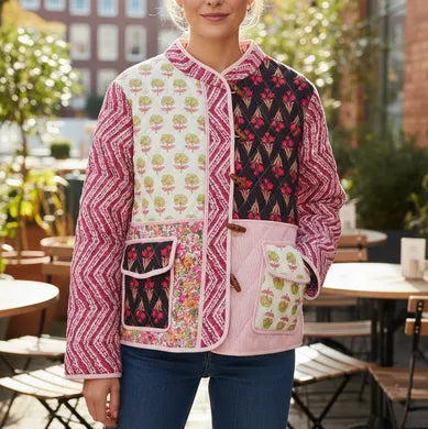 Handcrafted Cotton Patchwork Quilted Shacket - Pink Multi-Color Blocking