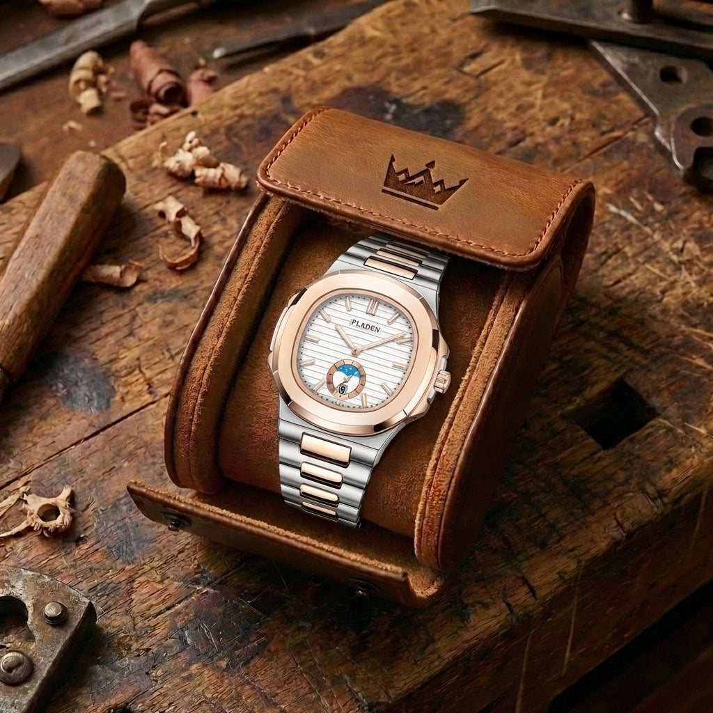 Herren Wasserdicht Leder & Stahl Quartz Uhr