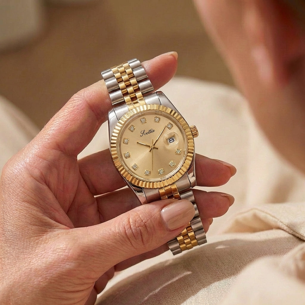 Damen Elegante Stahlgürtel Kalender Uhr