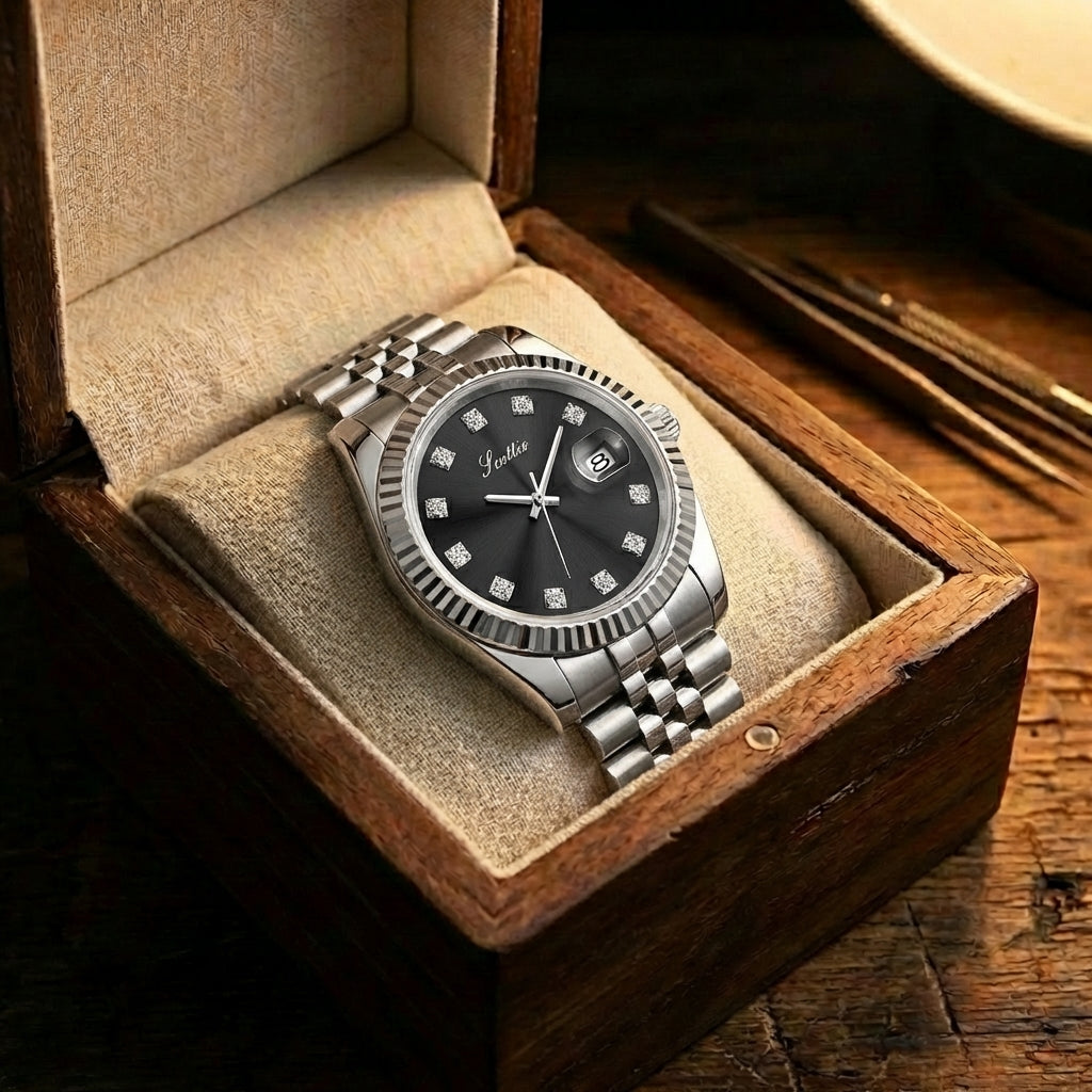 Damen Elegante Stahlgürtel Kalender Uhr