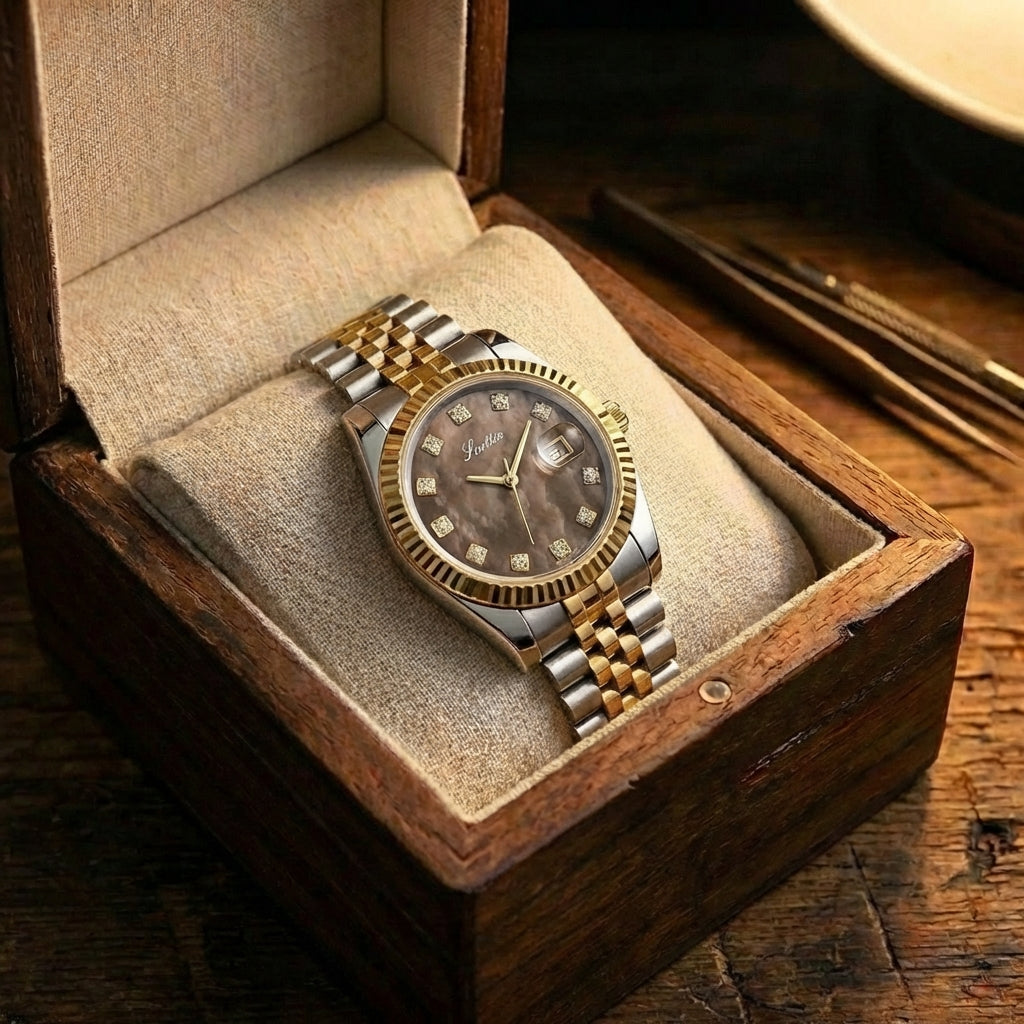 Damen Elegante Stahlgürtel Kalender Uhr