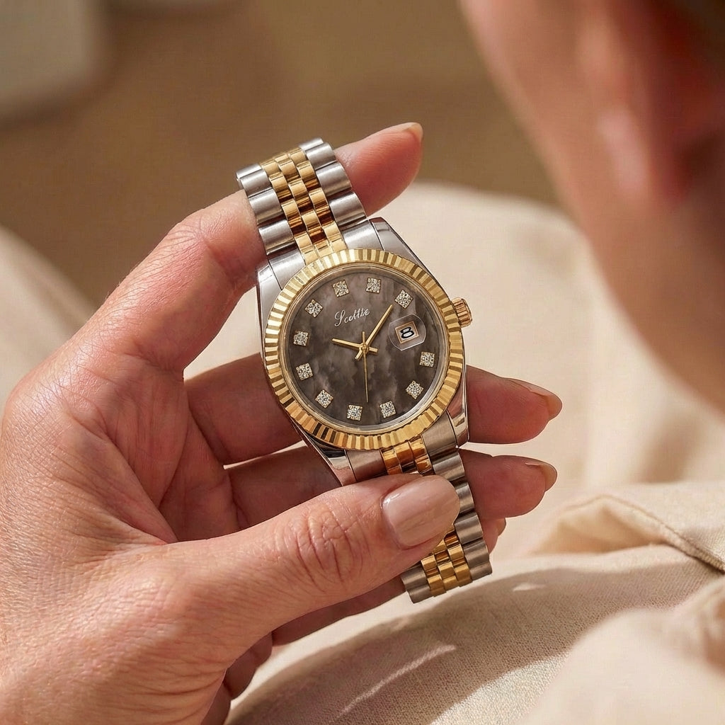 Damen Elegante Stahlgürtel Kalender Uhr