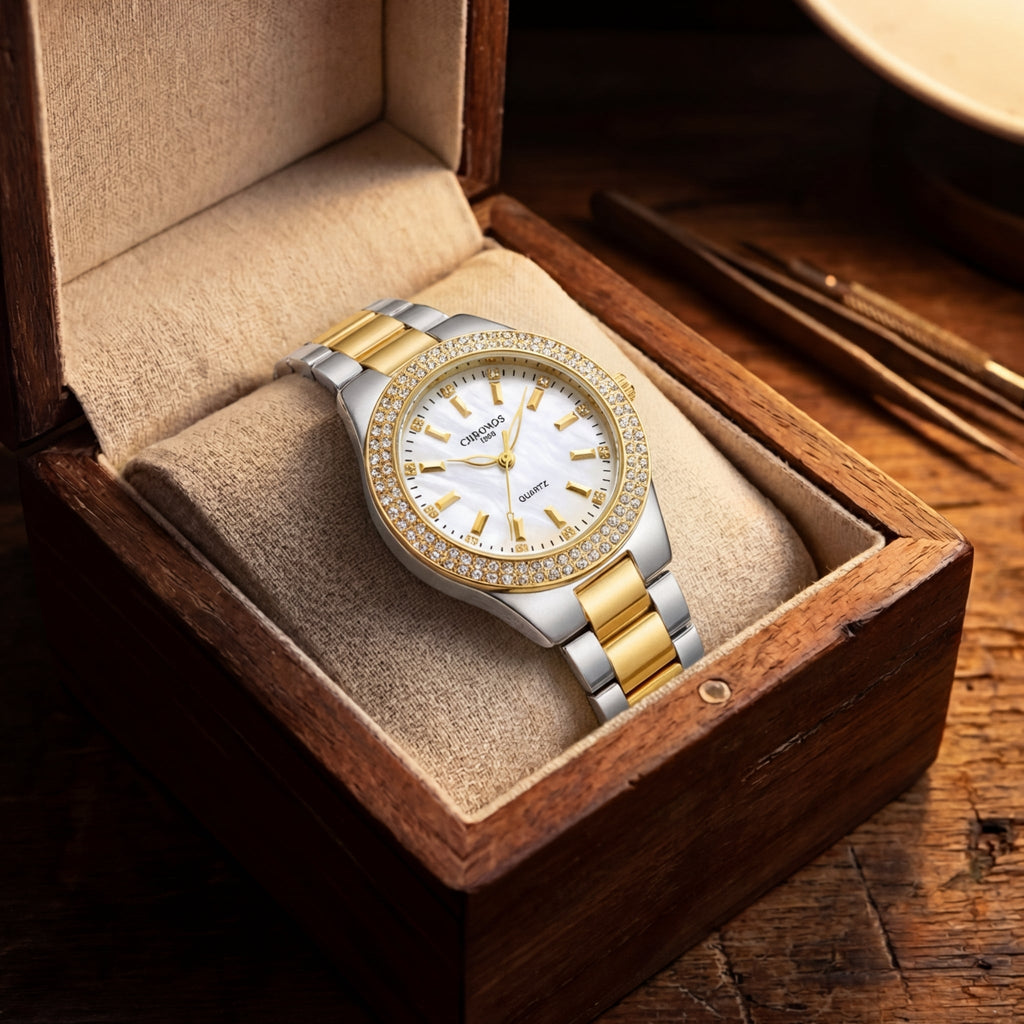Damen Diamantbesetzte Quarz Uhr