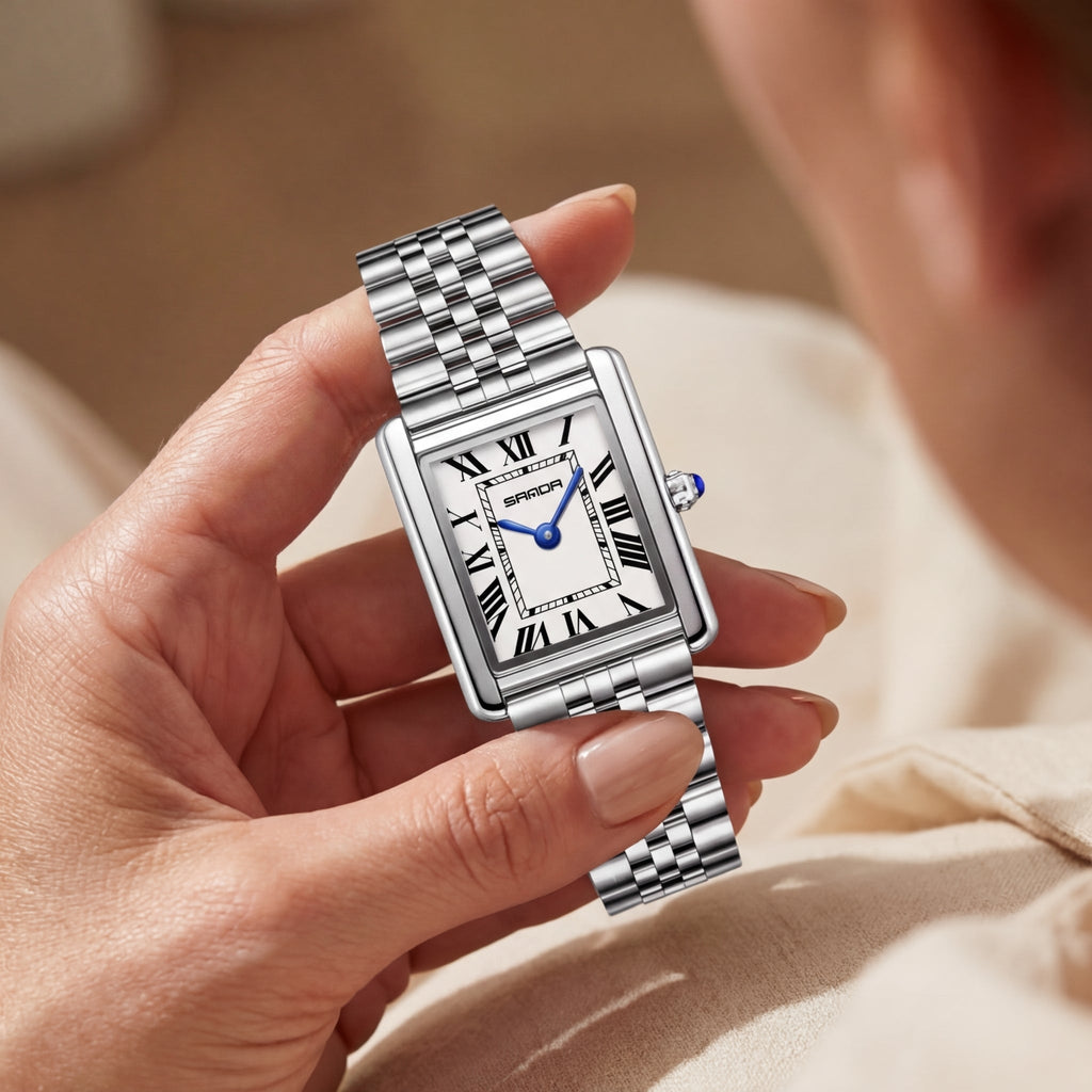 Damen Edelstahl Quadratisches Zifferblatt Uhr