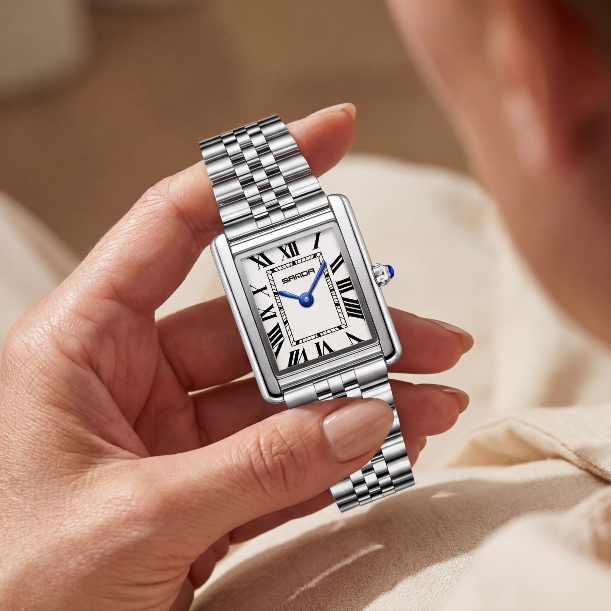 Damen Edelstahl Quadratisches Zifferblatt Uhr