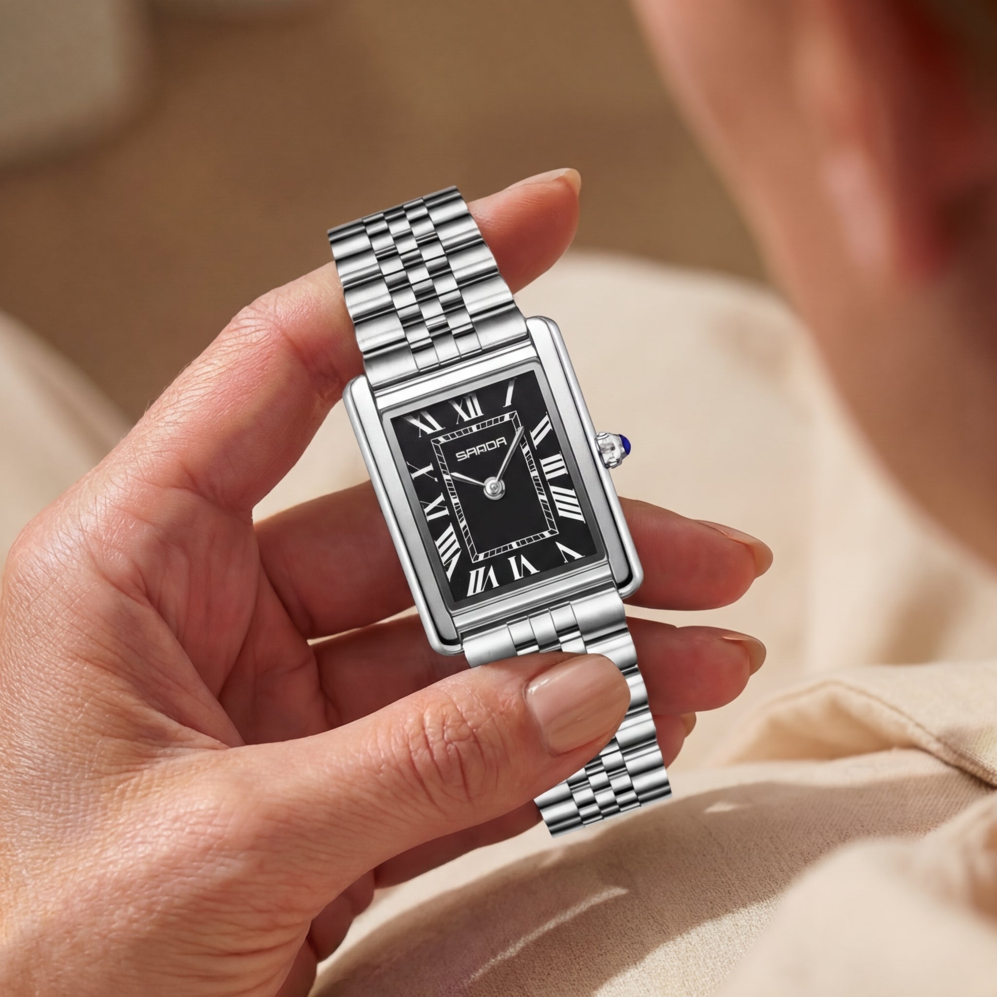 Damen Edelstahl Quadratisches Zifferblatt Uhr