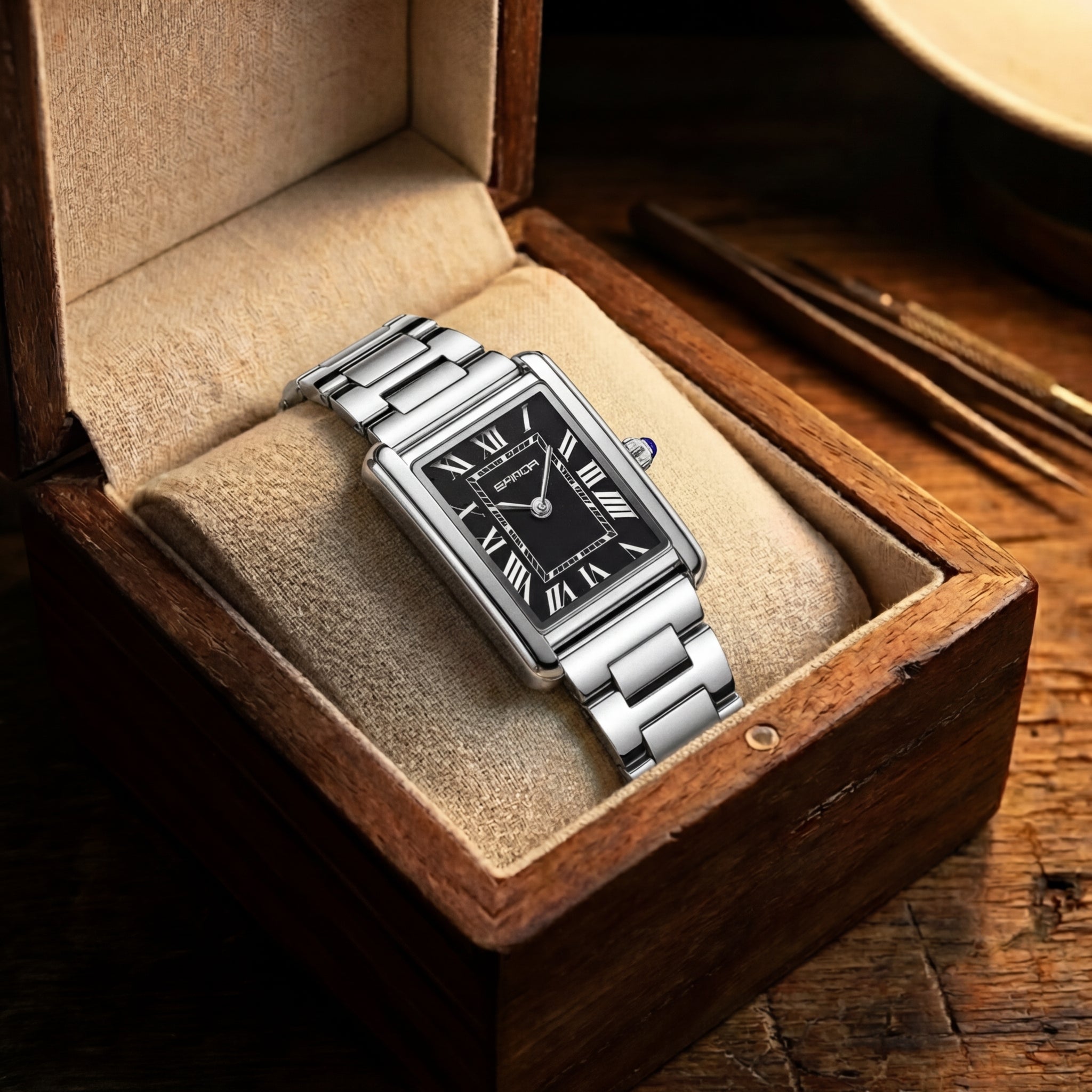 Damen Edelstahl Quadratisches Zifferblatt Uhr