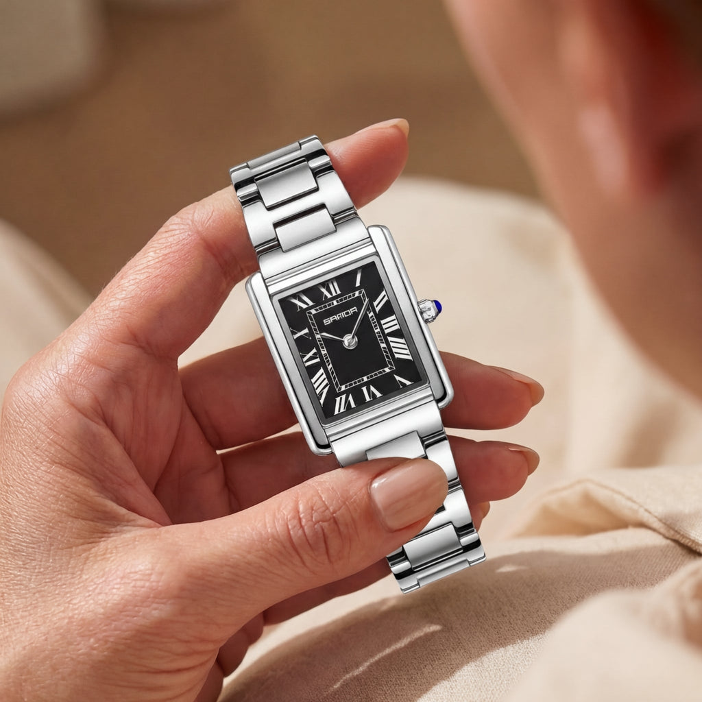 Damen Edelstahl Quadratisches Zifferblatt Uhr