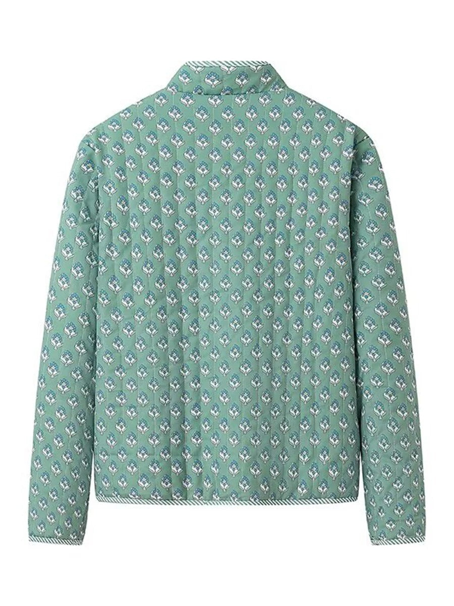 Handgefertigte Baumwoll-Patchwork-Steppjacke – Grünes geometrisches Rautenmuster mit kontrastierenden Bündchen