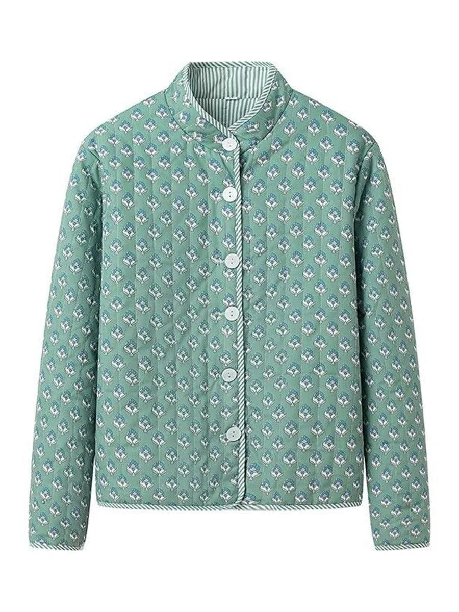 Handgefertigte Baumwoll-Patchwork-Steppjacke – Grünes geometrisches Rautenmuster mit kontrastierenden Bündchen