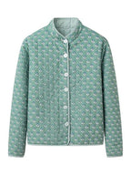 Handgefertigte Baumwoll-Patchwork-Steppjacke – Grünes geometrisches Rautenmuster mit kontrastierenden Bündchen