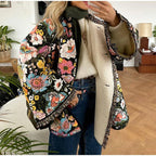 Handgefertigte Baumwoll-Patchwork-Steppjacke – Schwarz & bunte Blumenmuster-Mischung Oversized