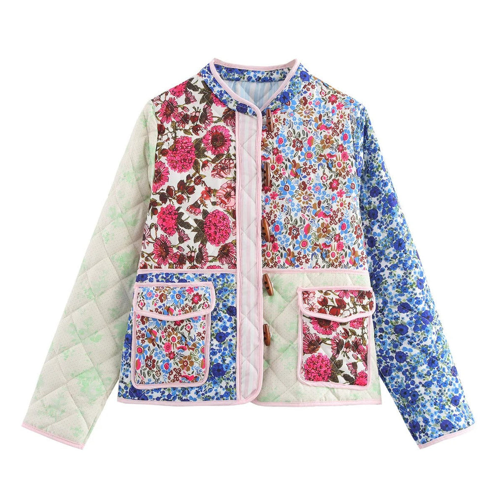 Handgefertigte Baumwoll-Patchwork-Steppjacke – mehrfarbiges Blumenmuster mit Taschen