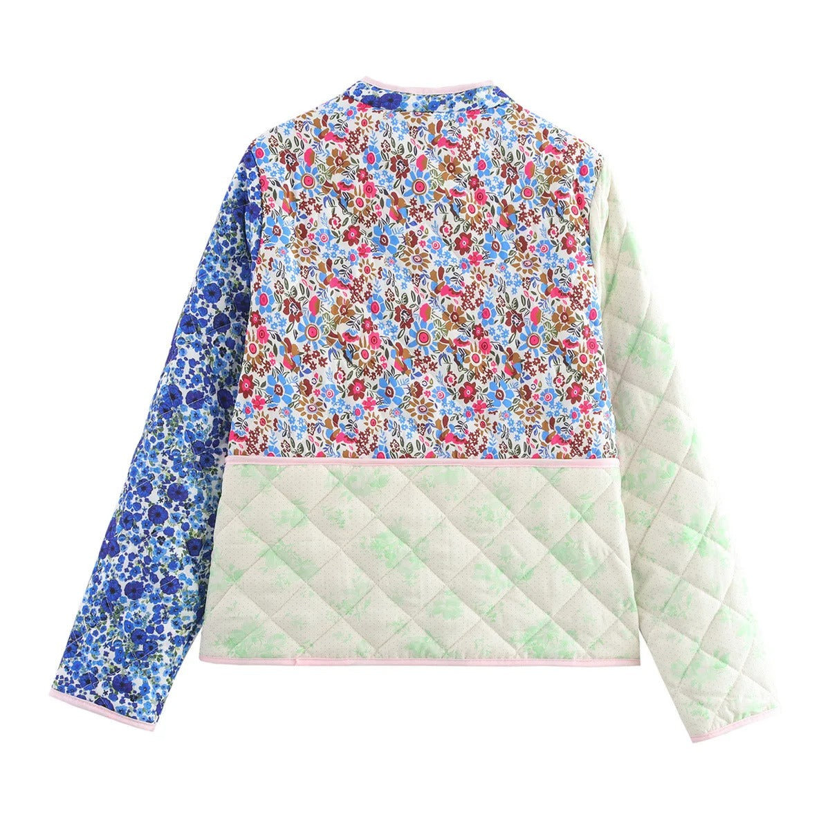 Handgefertigte Baumwoll-Patchwork-Steppjacke – mehrfarbiges Blumenmuster mit Taschen