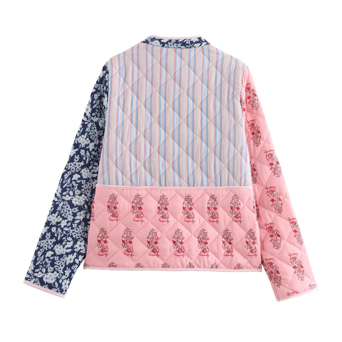 Handgefertigte Baumwoll-Patchwork-Steppjacke – Rosa-marineblaues Blumenmuster mit Spitzenbesatz