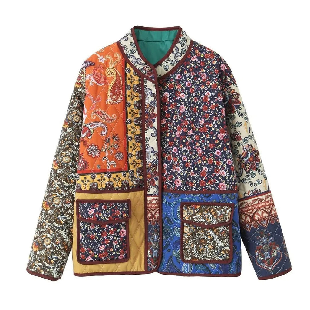 Handgefertigte Bomberjacke aus Baumwoll-Patchwork – Burgunderrot und Gold mit mehrfarbigem Print-Design