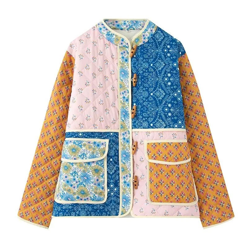 Handgefertigte Baumwoll-Patchwork-Steppjacke – Gelb mit Blumenmuster und Marineblau