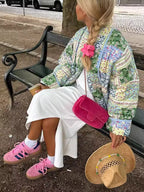 Handgefertigte Baumwoll-Patchwork-Steppjacke – Grün & buntes Blumen-Regenbogen-Design