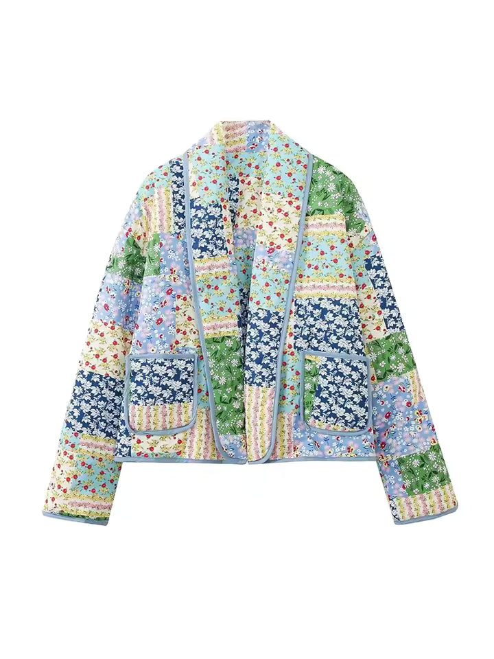 Handgefertigte Baumwoll-Patchwork-Steppjacke – Grün & buntes Blumen-Regenbogen-Design