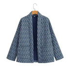 Handgefertigte Baumwoll-Patchwork-Steppjacke – Marineblau und Weiß mit geometrischem Muster