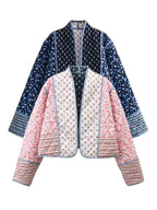 Handgefertigte kurze Jacke aus Baumwoll-Patchwork – Pink und Marineblau mit gemischtem Print und Farbblock