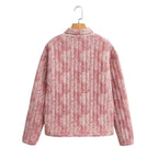 Handgefertigte Baumwoll-Patchwork-Steppjacke – Mauvefarben mit Blumenmuster und cremefarbenem Besatz