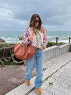 Handgefertigte kurze Jacke aus Baumwoll-Patchwork – Pink und Marineblau mit gemischtem Print und Farbblock