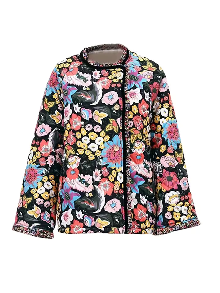 Handgefertigte Baumwoll-Patchwork-Steppjacke – Schwarz & bunte Blumenmuster-Mischung Oversized